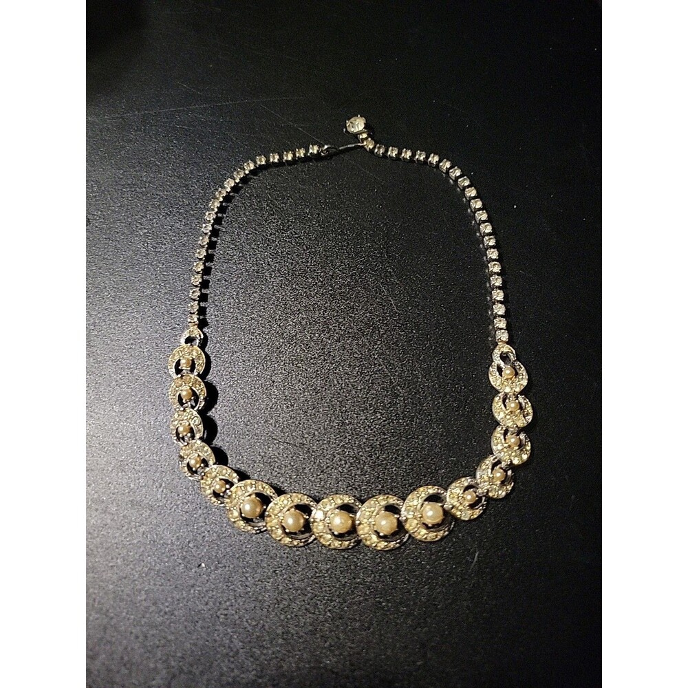 Vtg Rhinestone Faux Pearl Necklace Moon Circle Choker 15" Adjustable Silvertone